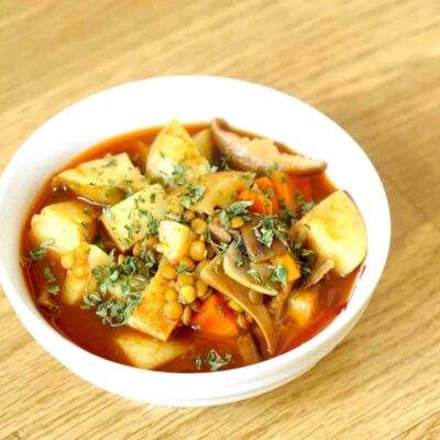 Instant pot lentil mushroom soup, oil-free and vegan
