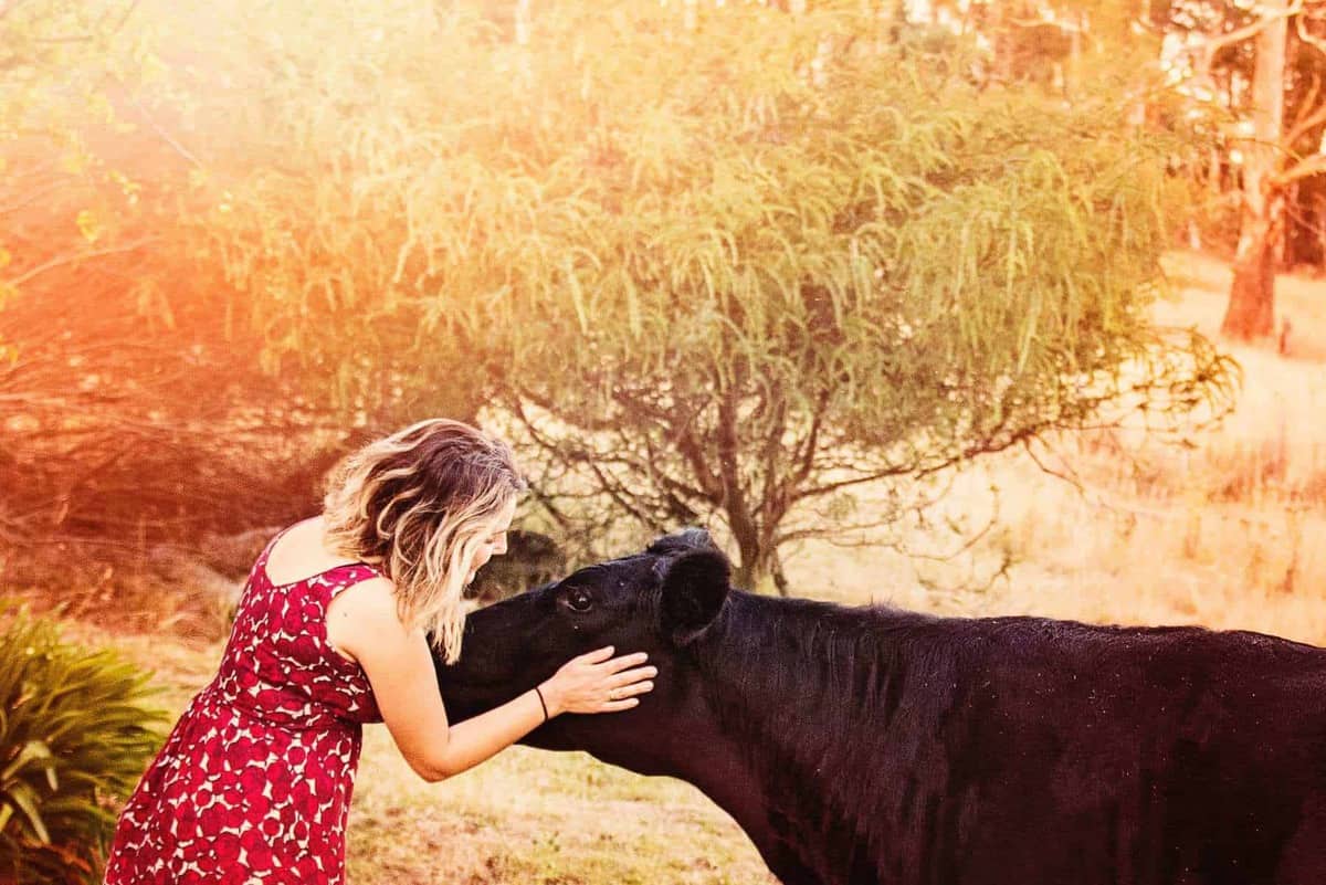 Woman Wearing Floral Dress Holding Cattle Near Trees
